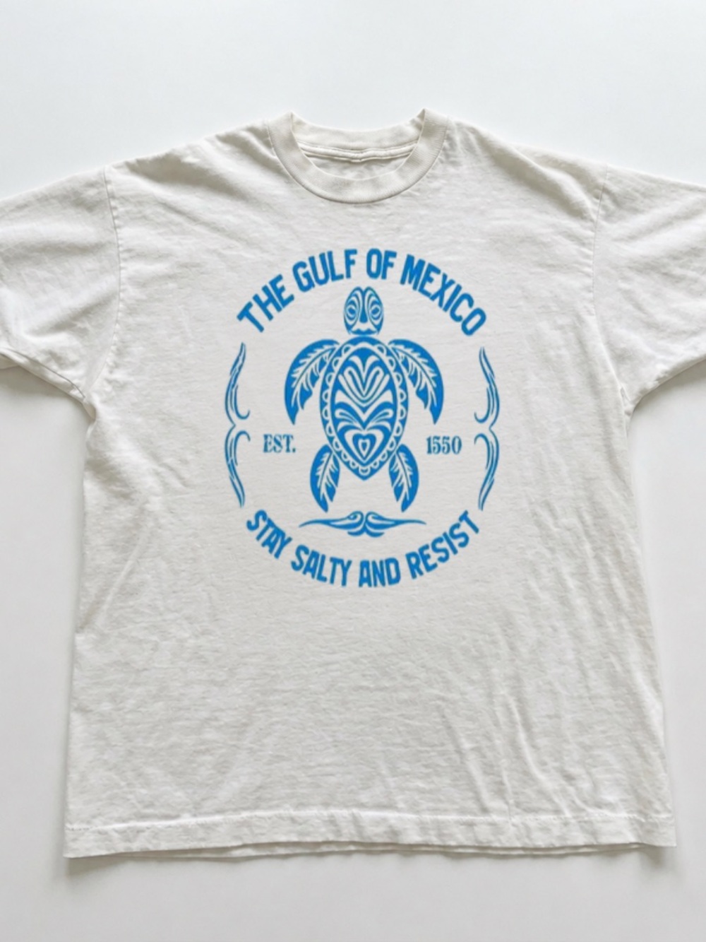 White Tee with Blue Gulf Turtle Graphic